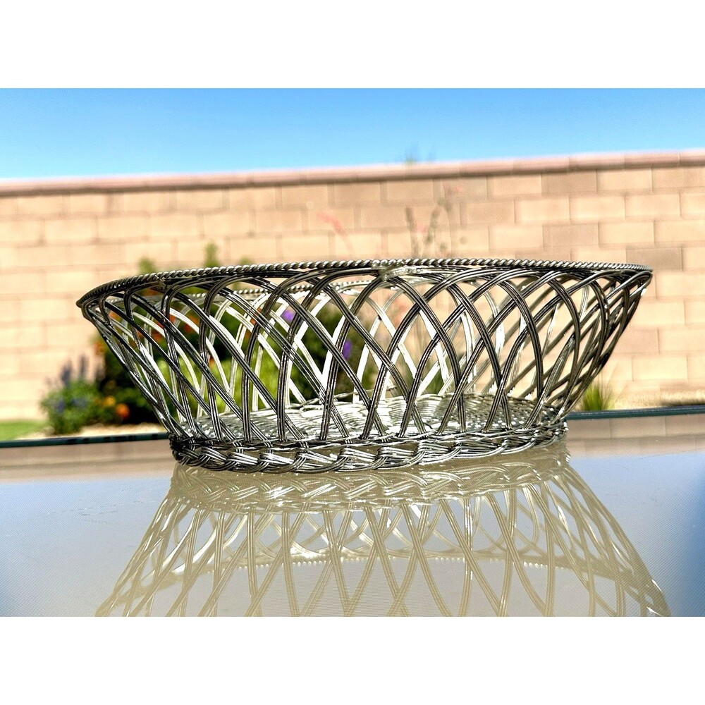 Vintage Metal Woven Wire Serving Basket Tray Bowl Silver Finish Oval Handmade